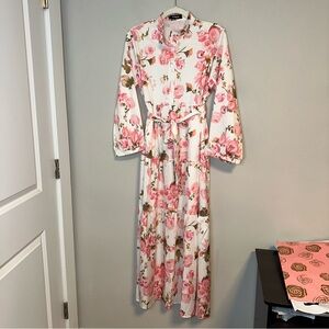 Fridayin - Woman's Floral Long Sleeve Maxi Dress in Pink and White